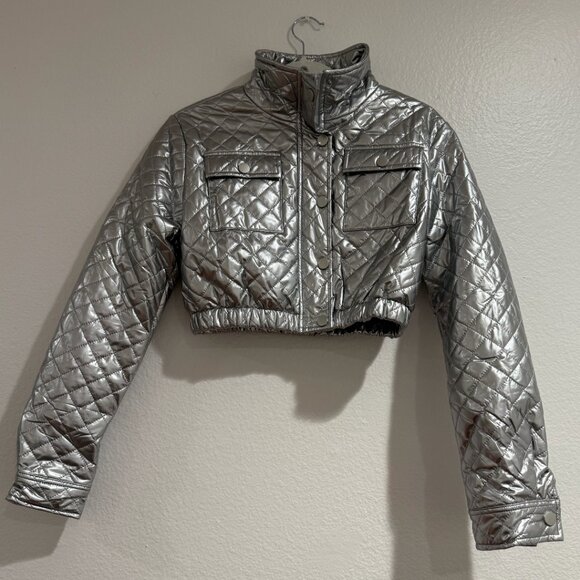 Silver Metallic Quilted Cropped Puffer Jacket (S) - Picture 2 of 2